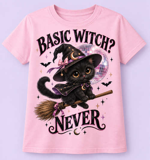 Camiseta Basic Witch Never rosada – diseño corregido