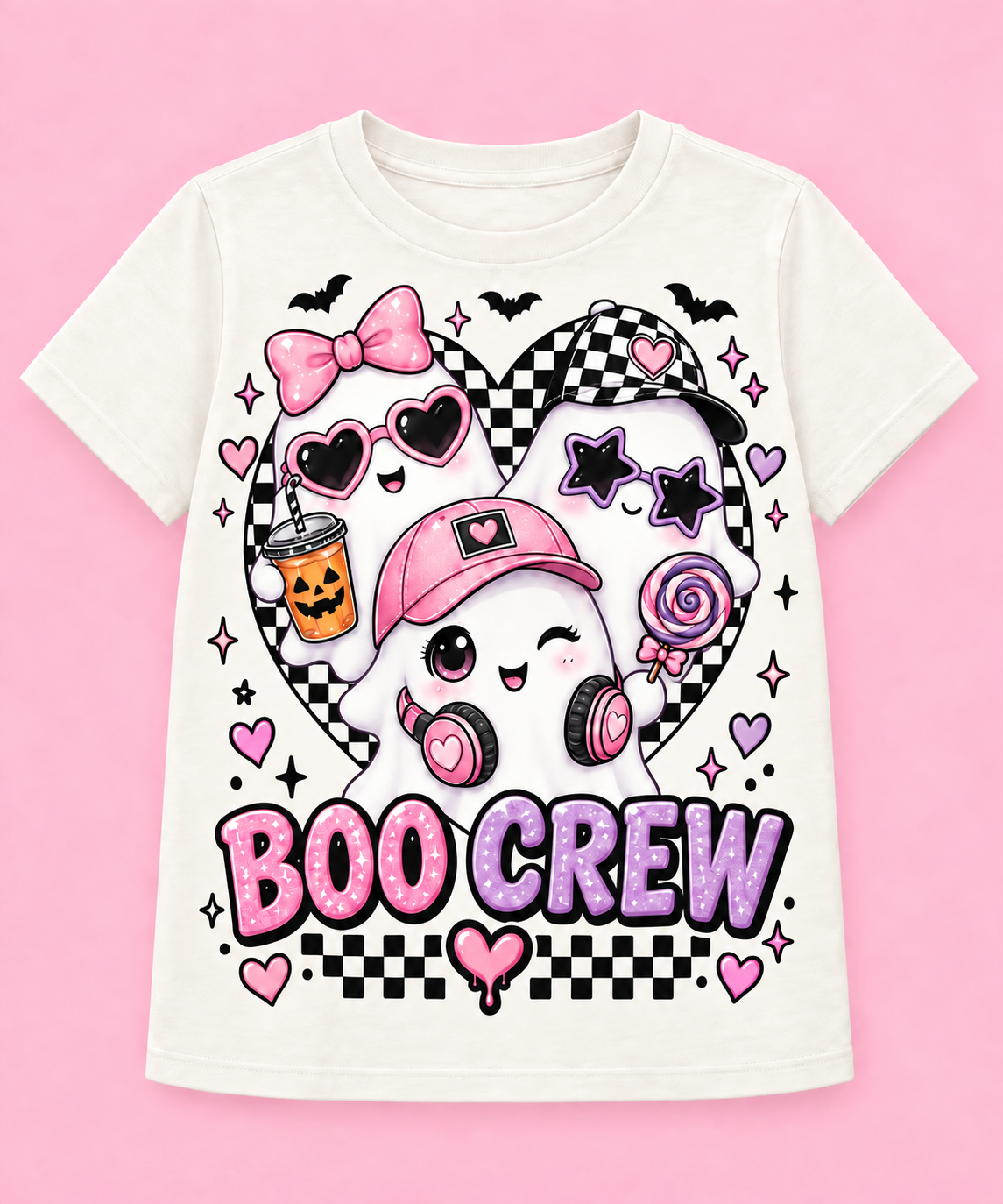 Camiseta Boo Crew Glam crema con corazón checker corregido