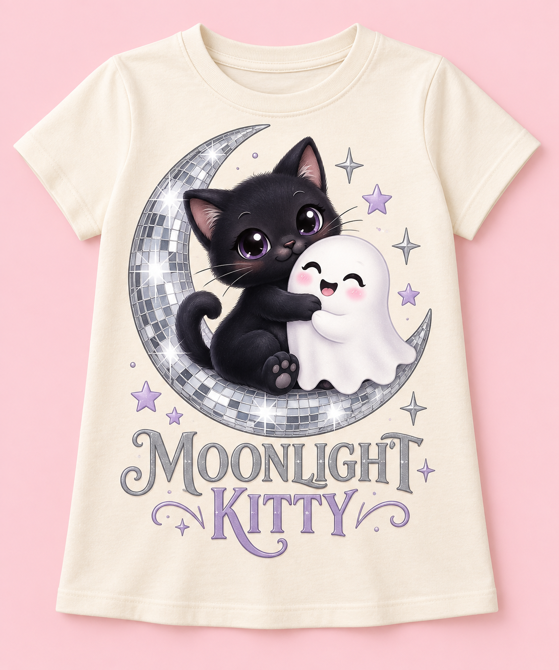 Camiseta Moonlight Kitty crema con luna plateada – diseño corregido